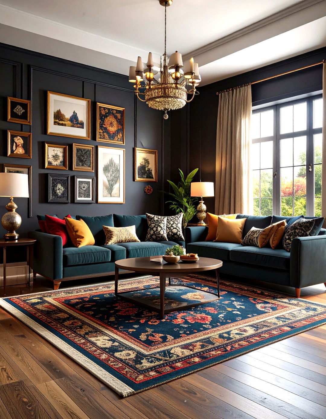 All Black Maximalist Living Room with Gallery Walls - 24 Moody Living Room Ideas