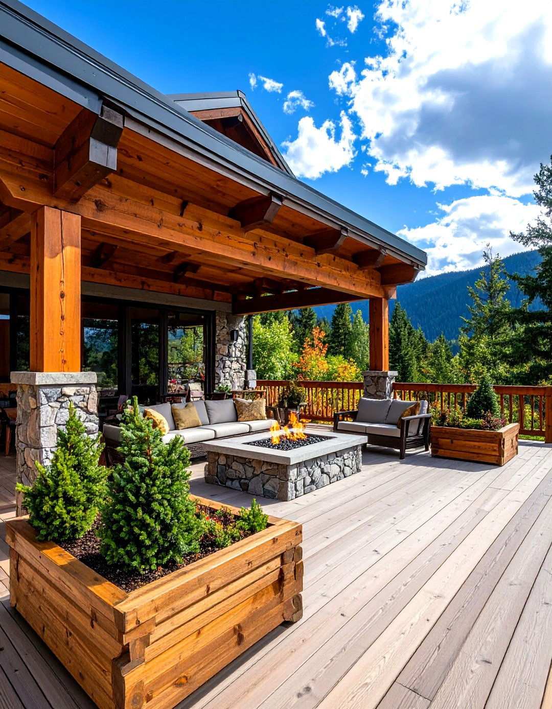 Alpine Lodge Deck with Stone and Timber Construction - 24 Outdoor Living Space Ideas