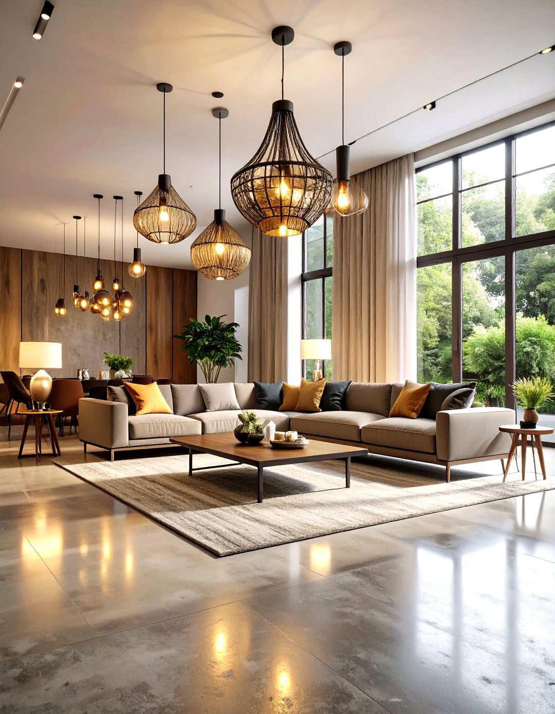 Ambient Lighting Concrete Warmth - 24 Rustic Concrete Floor Living Room Ideas