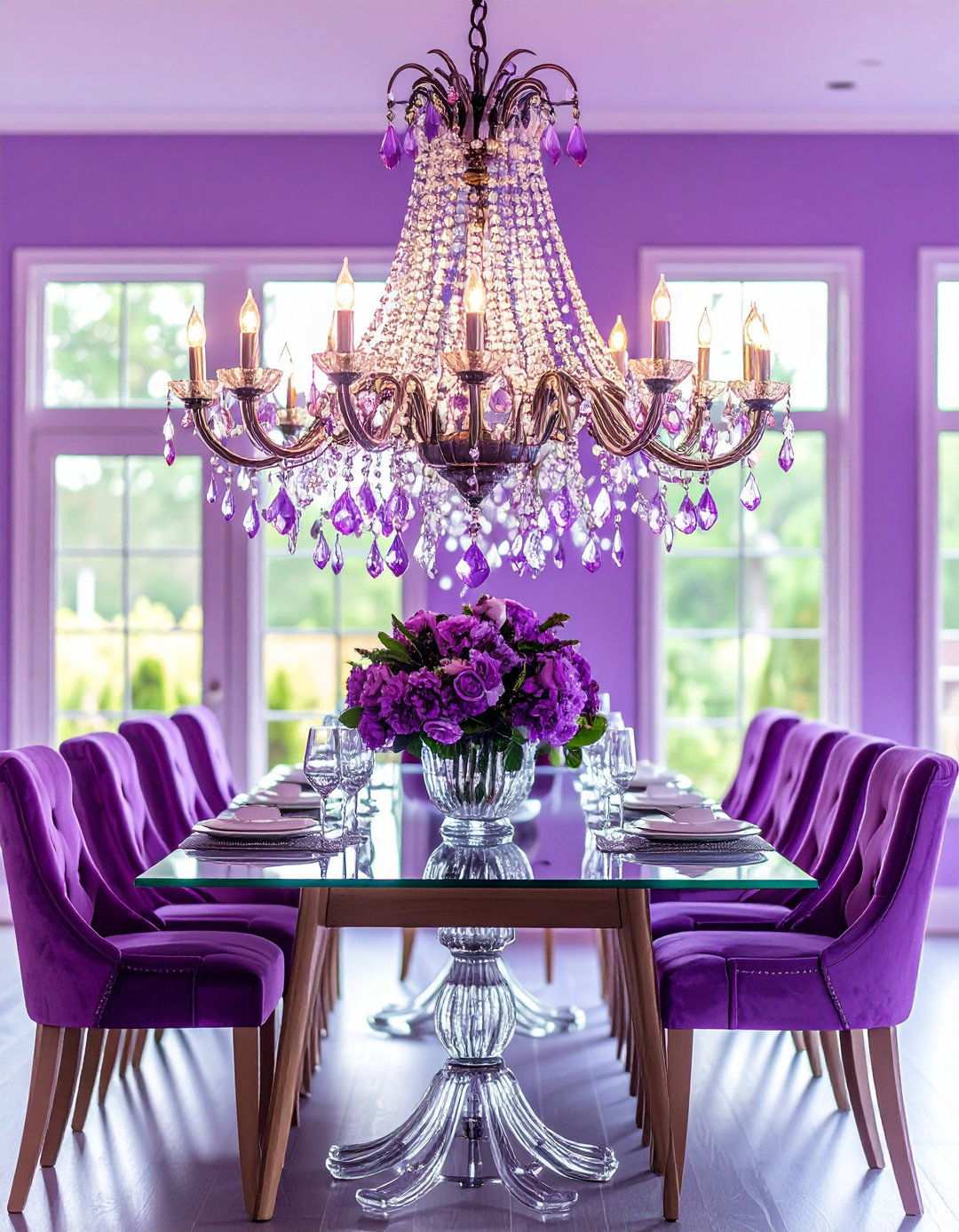 Amethyst Crystal Chandelier Centerpiece - 24 Purple Dining Room Ideas