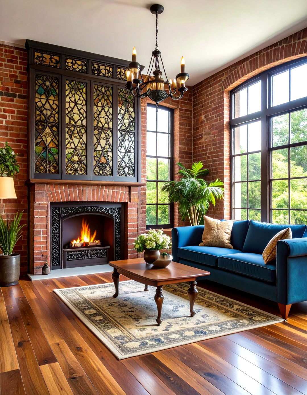 Antique Screen Decorative Details - 24 Rustic Living Room With a Brick Fireplace Ideas
