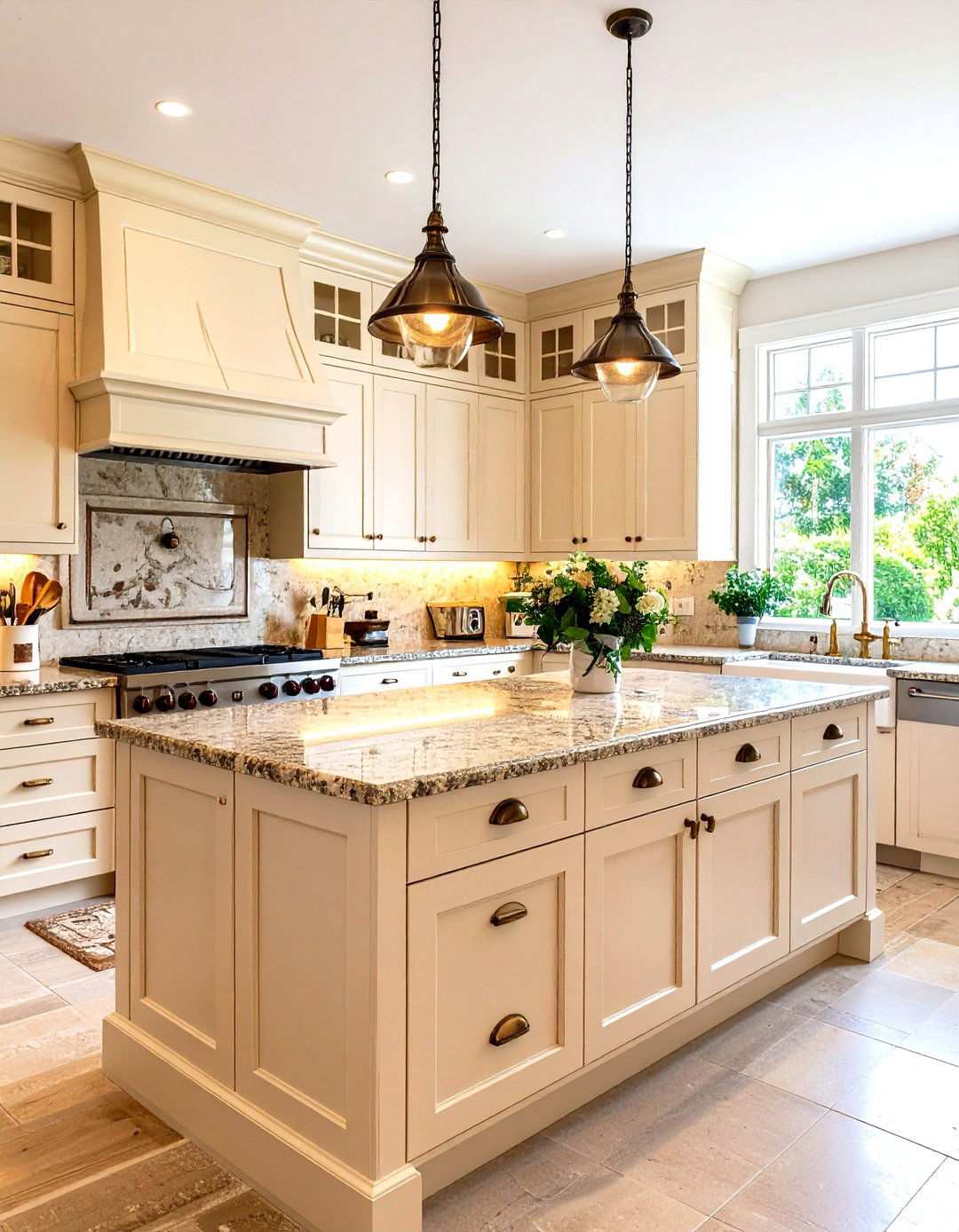 Antique White Cabinets with Natural Stone Countertops - 24 Off-white Kitchen Cabinets