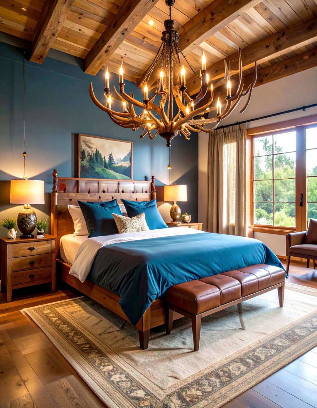 Antler Chandelier Lodge Elegance - 24 Rustic Bedroom Ideas