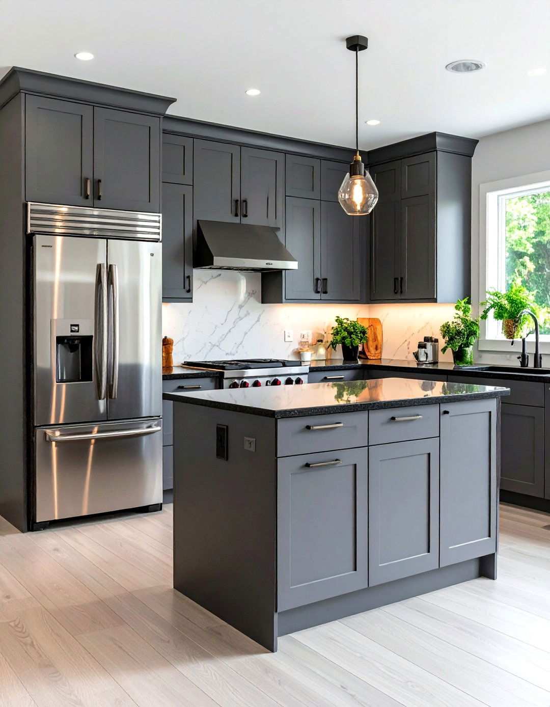 Appliance Integration Strategies - 24 Kitchen With Gray Cabinets And Black Countertops Ideas