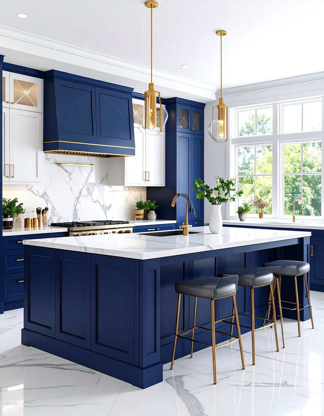 Art Deco Inspired Midnight Blue Island - 24 White Kitchen Cabinets With Blue Island
