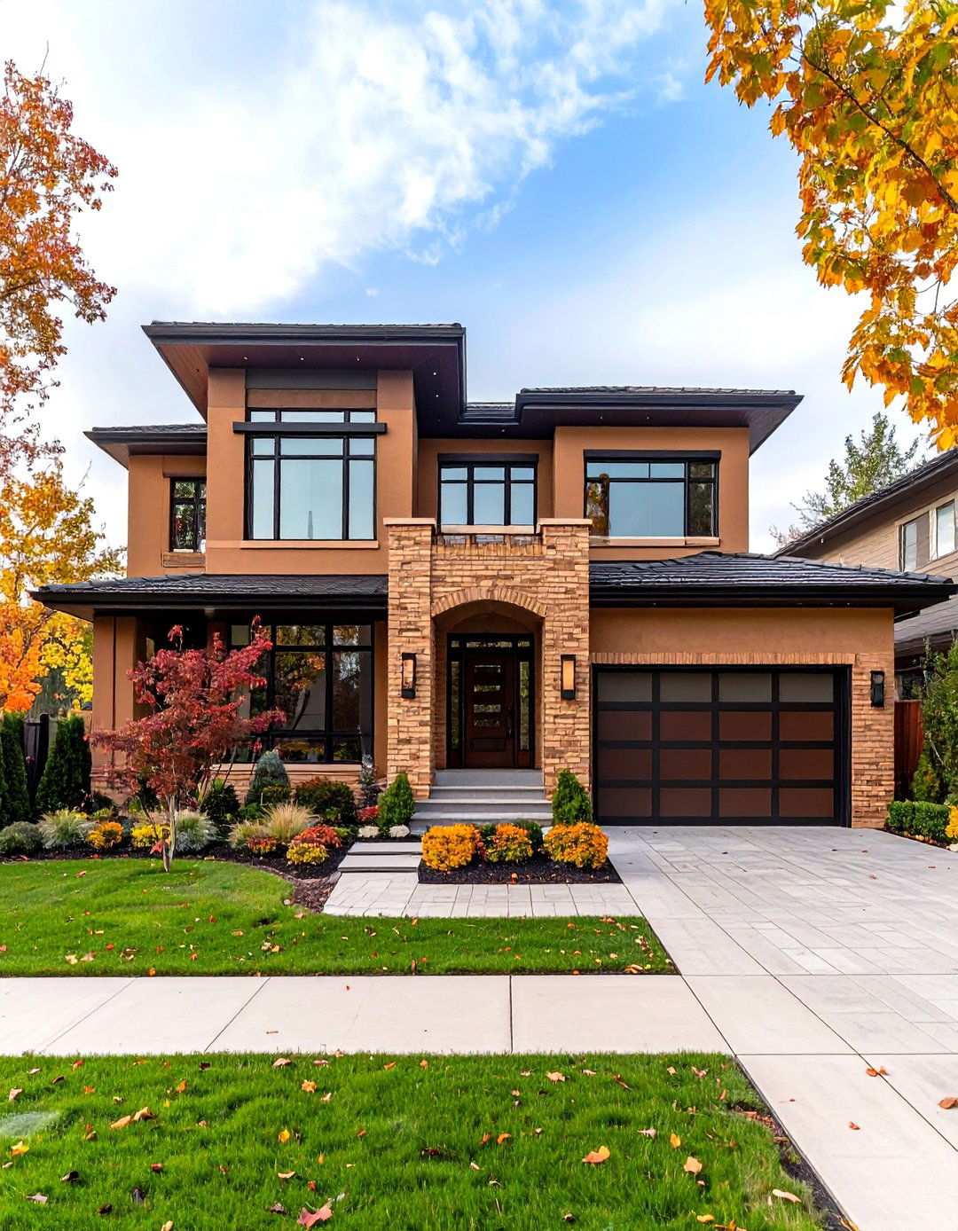 Art Deco Tan Brick Black Details - 24 Tan House With Black Trim Design Ideas