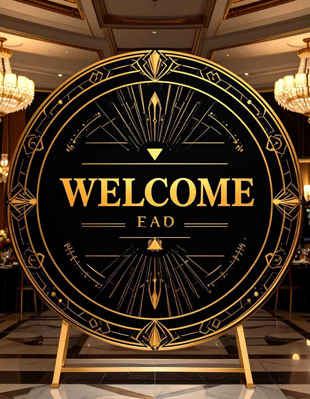 Art Deco Wedding Welcome Sign with Geometric Gold Patterns - 24 Wedding Welcome Sign Ideas