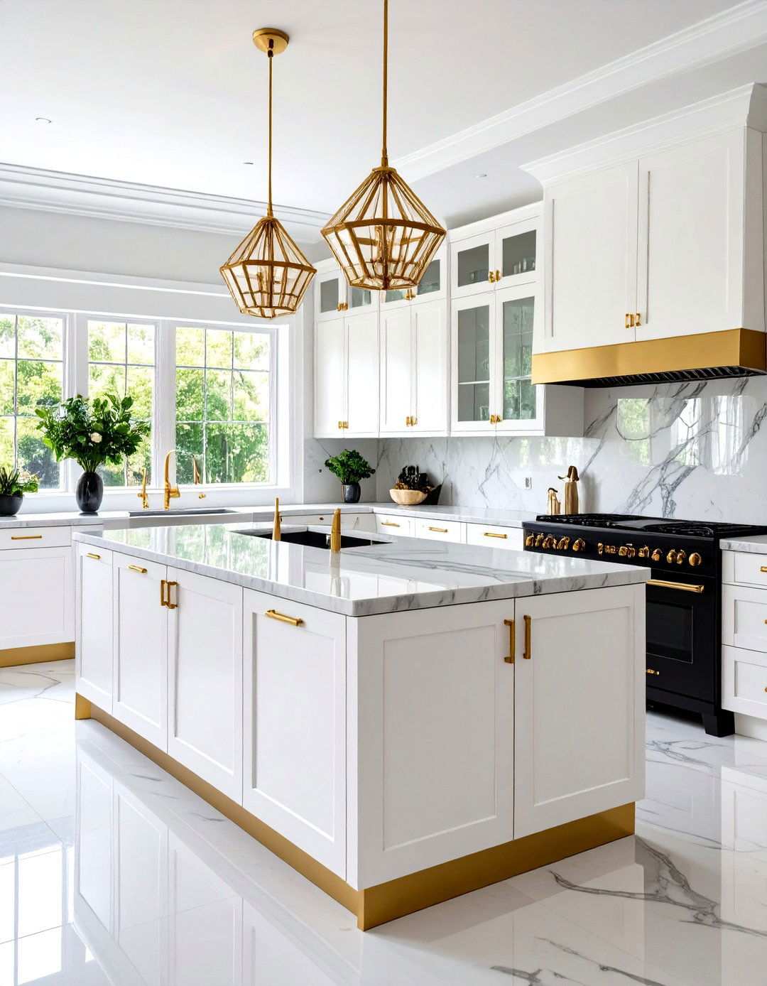 Art Deco White Cabinets with Geometric Gold Hardware - 24 White Kitchen Cabinets With Gold Hardwar