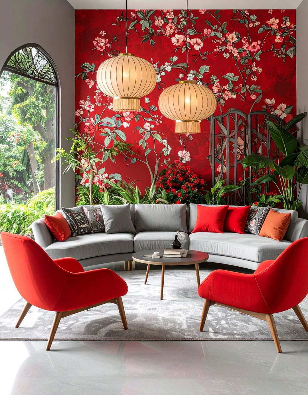 Art Nouveau Red Rose and Silver Grey Garden - 24 Red and Grey Living Room Ideas