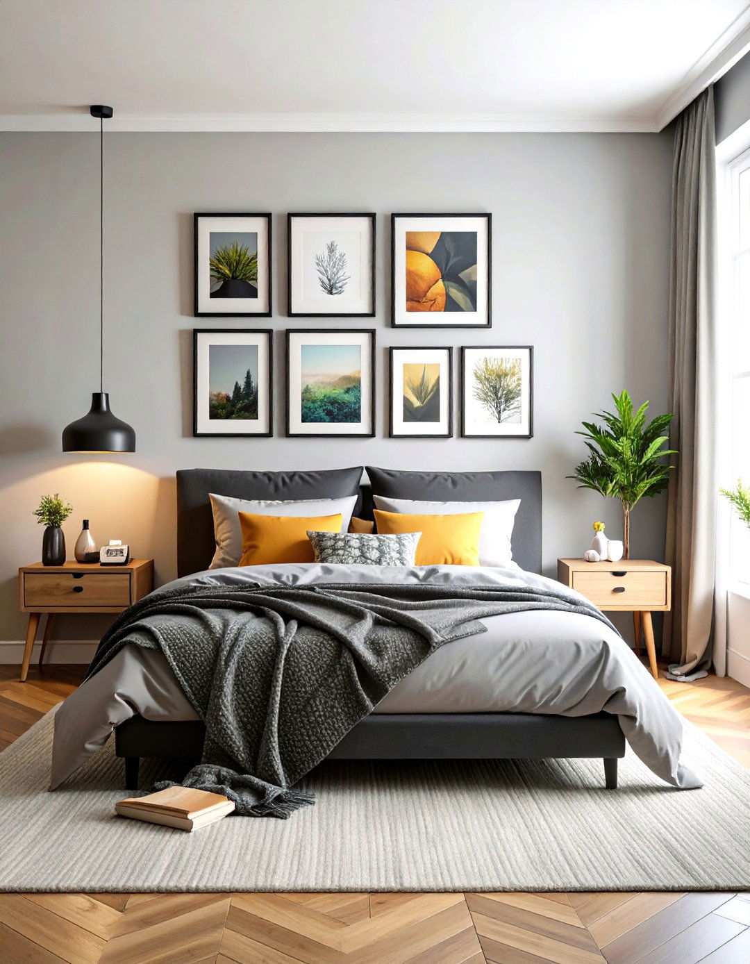 Artistic Matte Black Gallery Wall - 24 Matte Black Bedroom Ideas