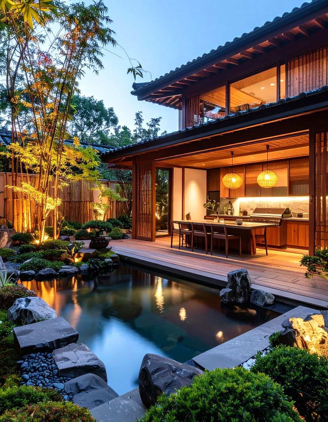 Asian Inspired Outdoor Kitchen with Zen Garden Elements - 24 Small Outdoor Kitchen Ideas