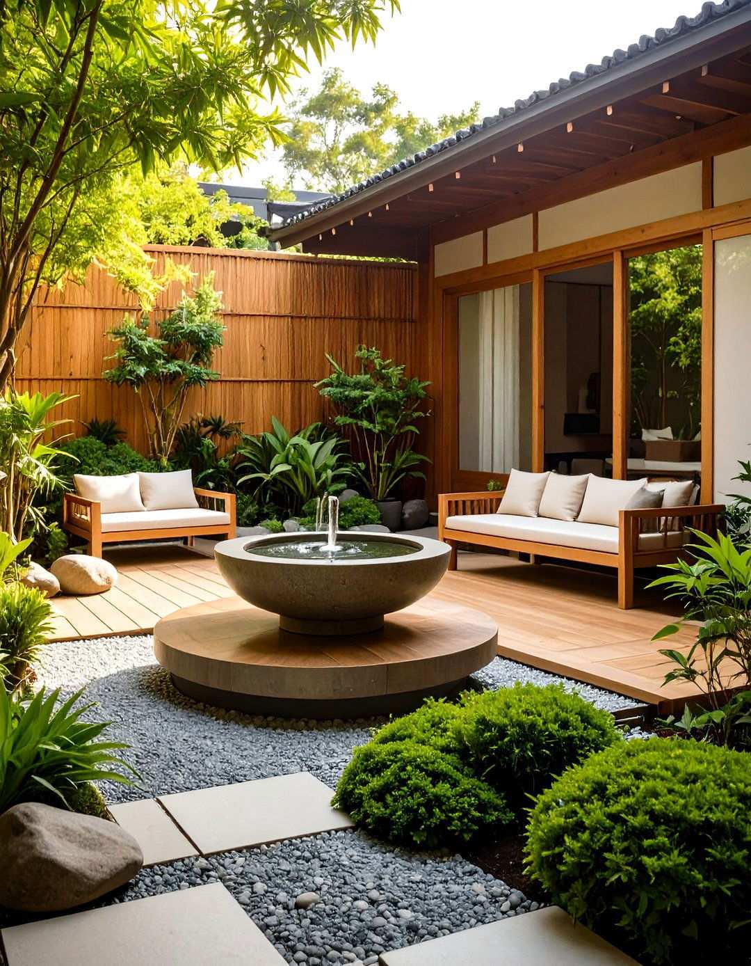 Asian Inspired Patio with Water Elements - 24 Small Patio Ideas