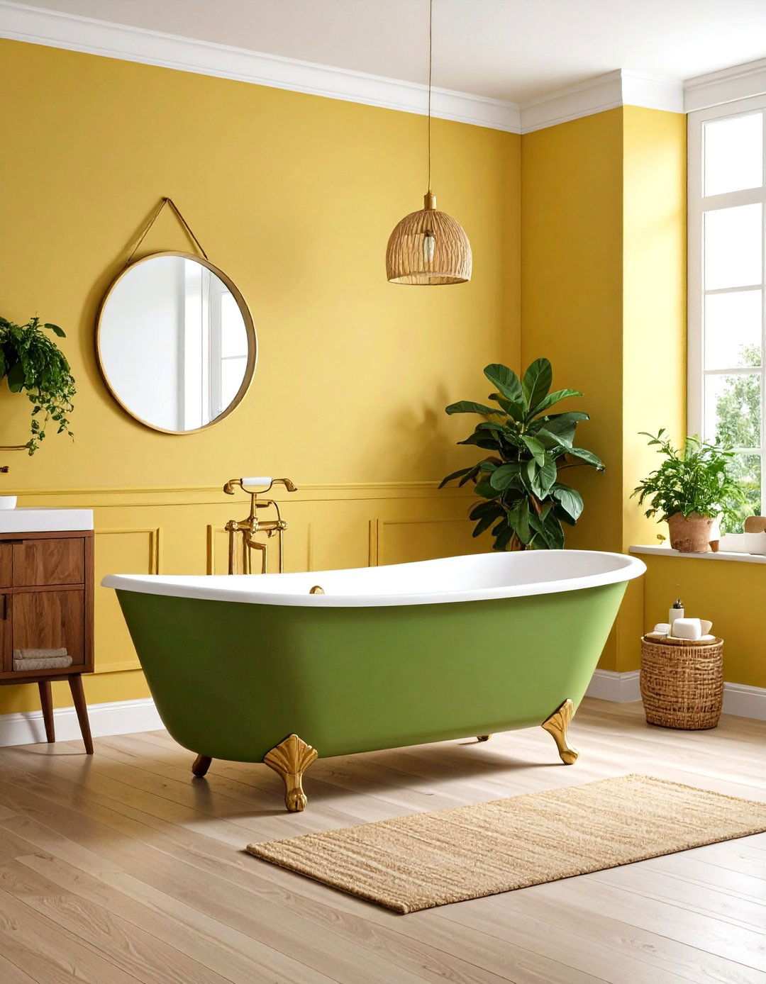 Avocado Green Bathtub with Pale Yellow Walls - 24 Yellow and Green Bathroom Ideas