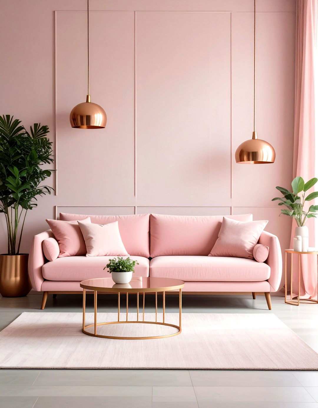 Baby Pink Couch with Copper Accent Details - 24 Pink Couch Living Room Ideas