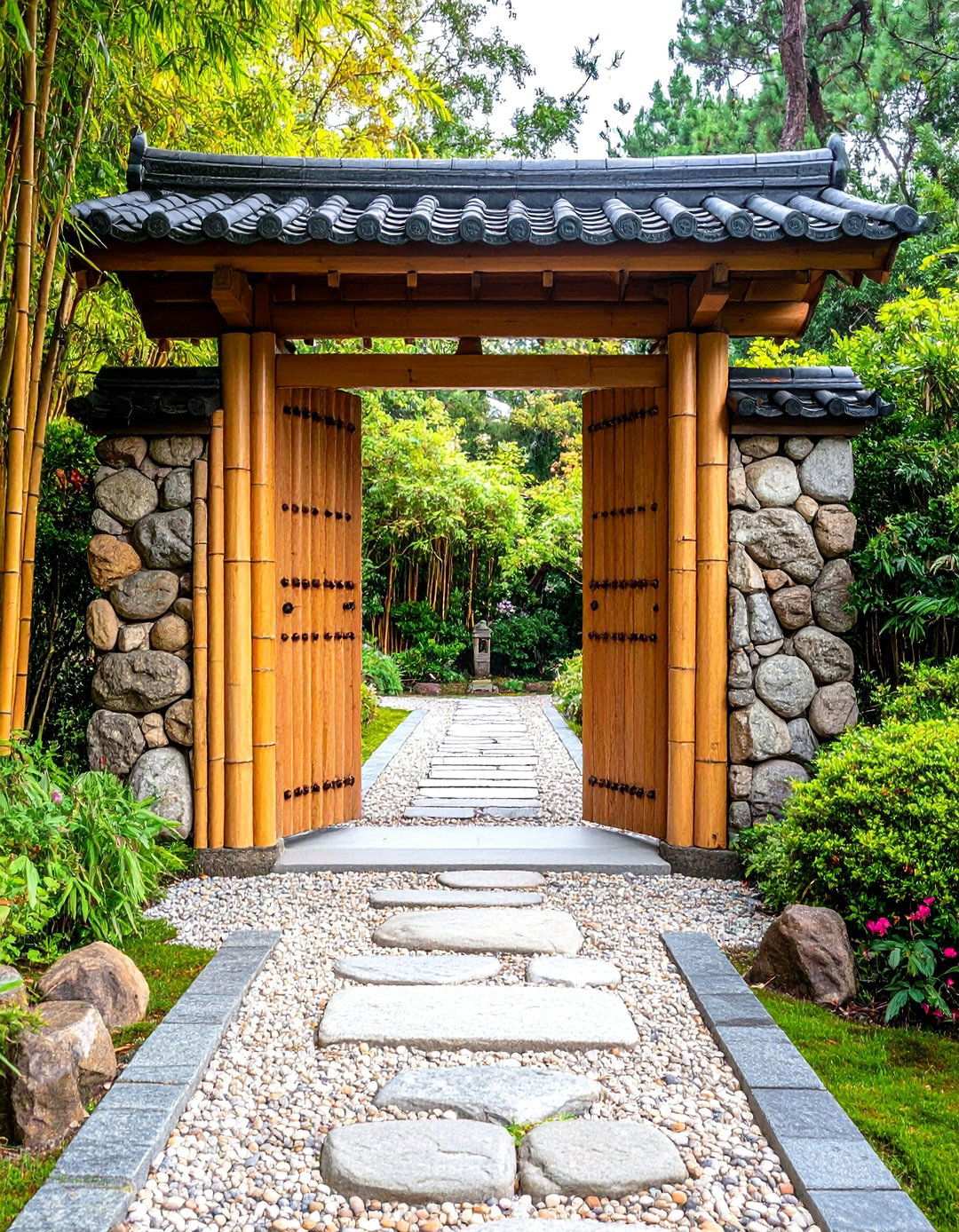 Bamboo and Stone Mosaic Gate - 24 Japanese Garden Gate Design Ideas