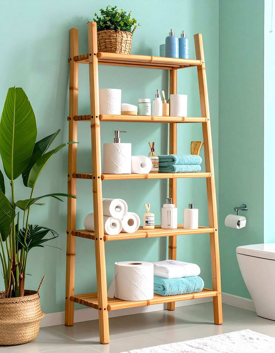 Bamboo Ladder Shelf with Natural Finish - 24 Toilet Paper Storage Ideas