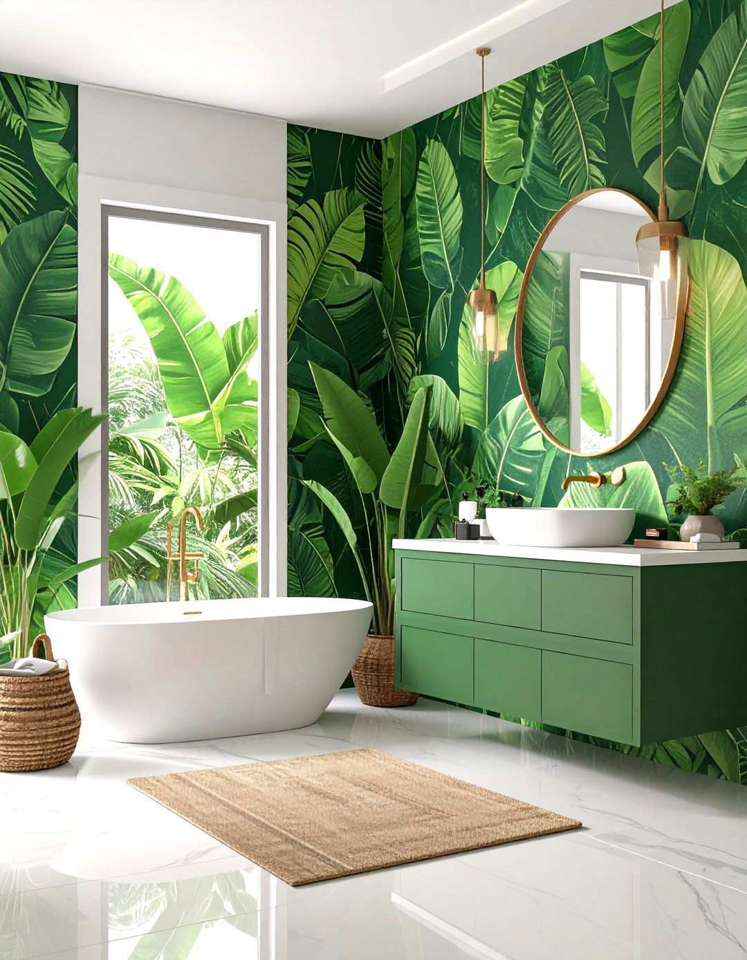 Banana Leaf Wallpaper Statement - 24 Tropical Bathroom Ideas