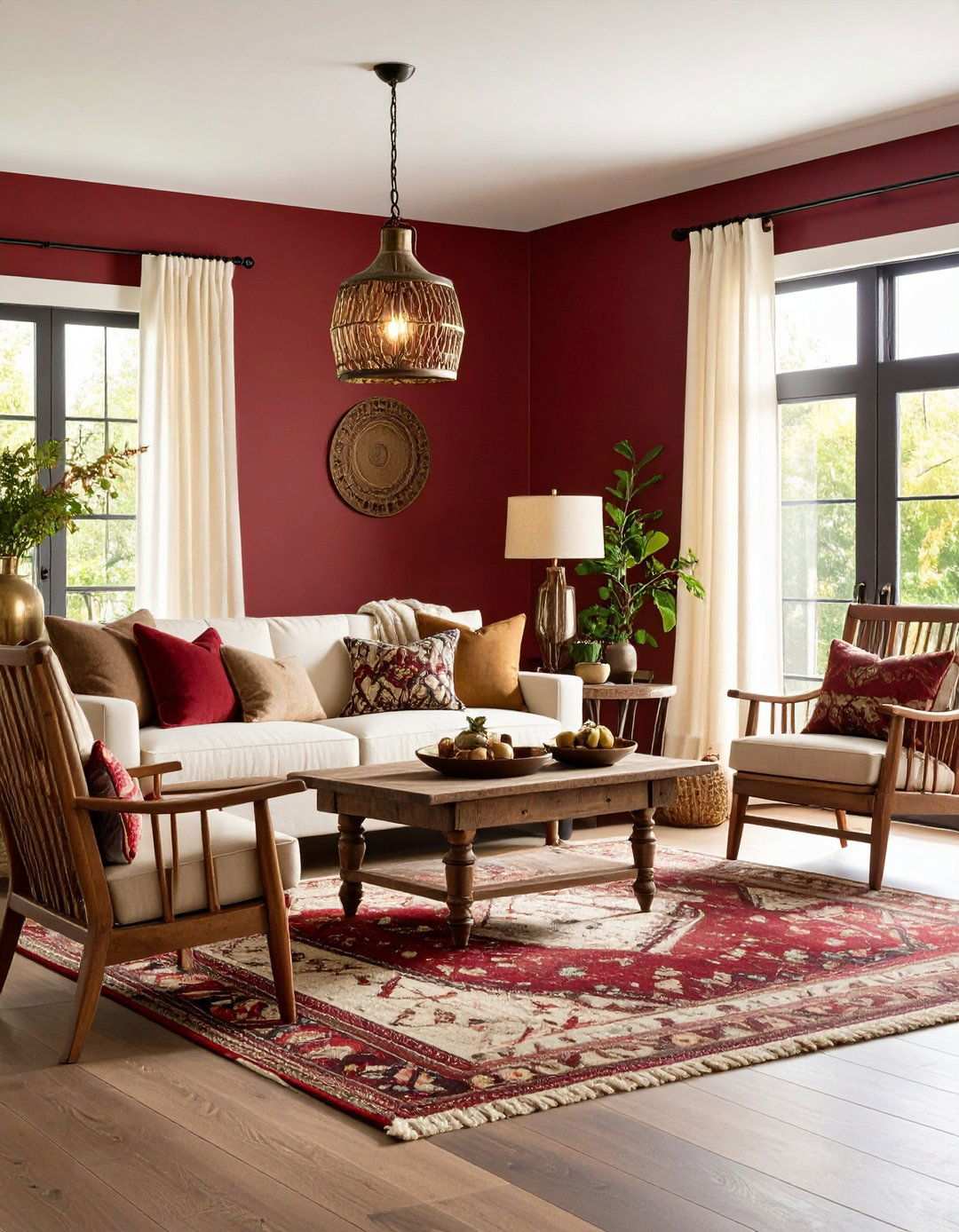 Barn Red Walls with Aged Wood Furniture - 24 Primitive Living Room Ideas