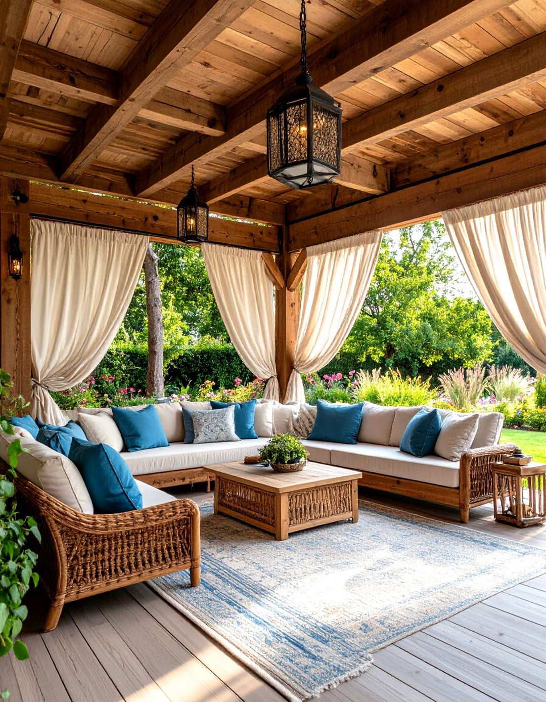 Barnwood Pergola with Outdoor Curtains - 24 Rustic Patio Ideas