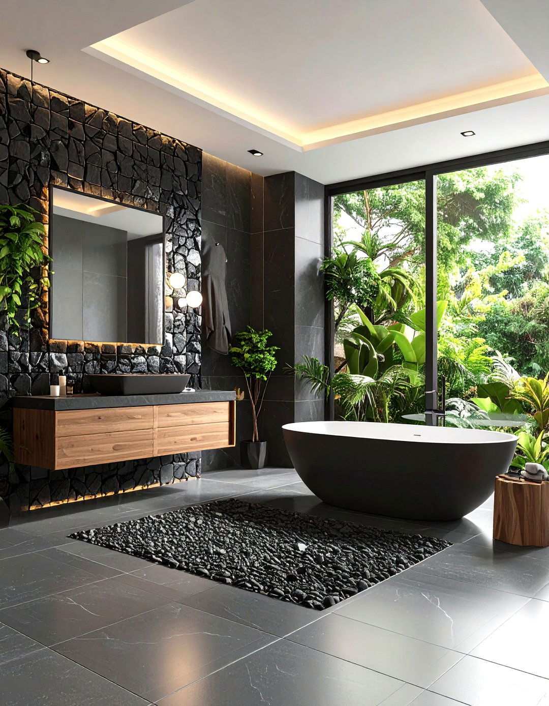 Basalt Mosaic Feature Walls - 24 Stone Bathroom Ideas