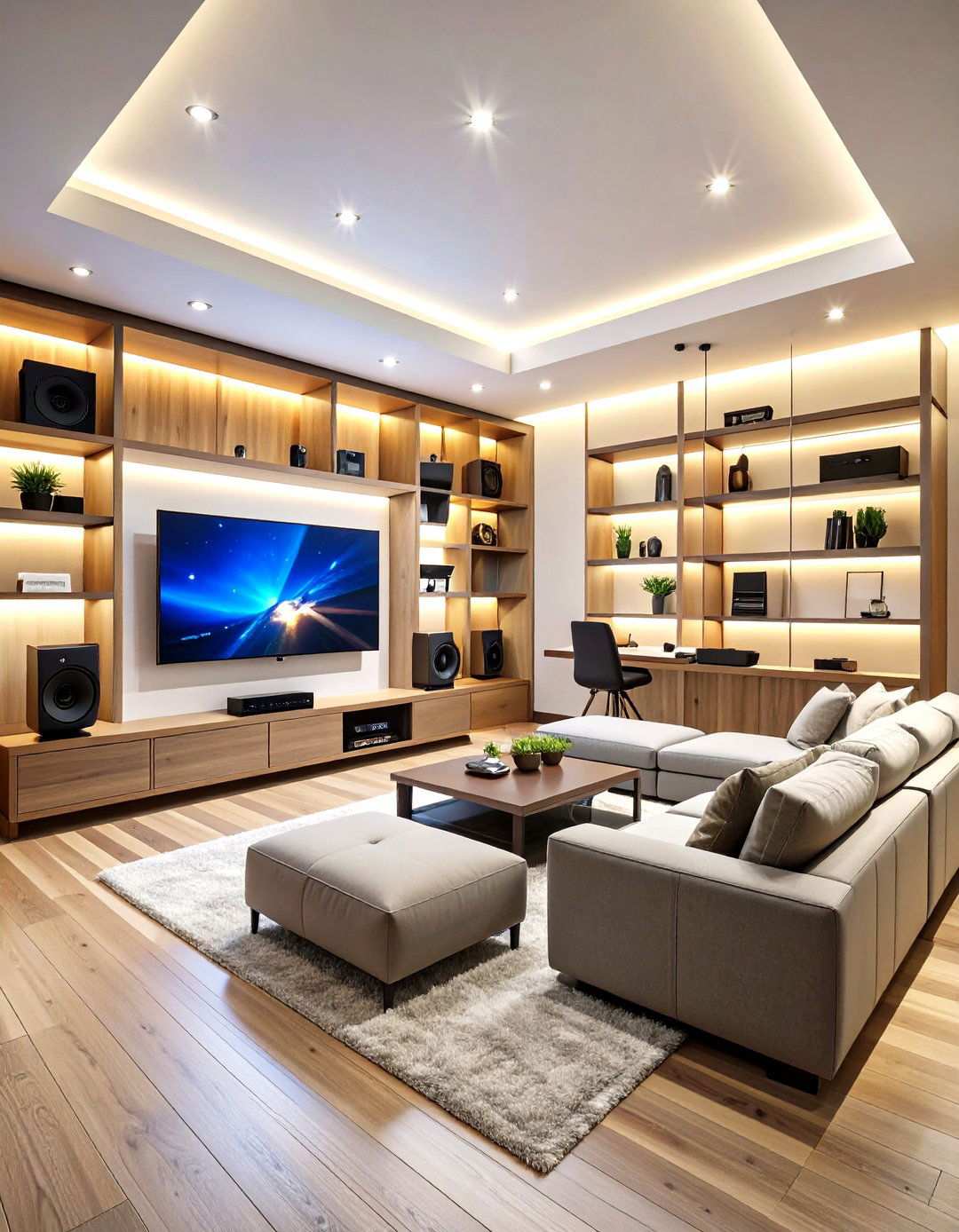 Basement Gaming Lounge with Built In Storage - 24 Small Media Room Ideas
