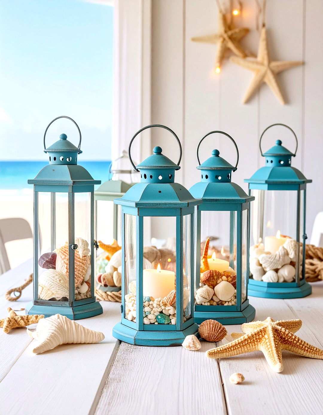 Beach Themed Glass Lanterns with Shell Collections - 24 Lantern Centerpiece Ideas