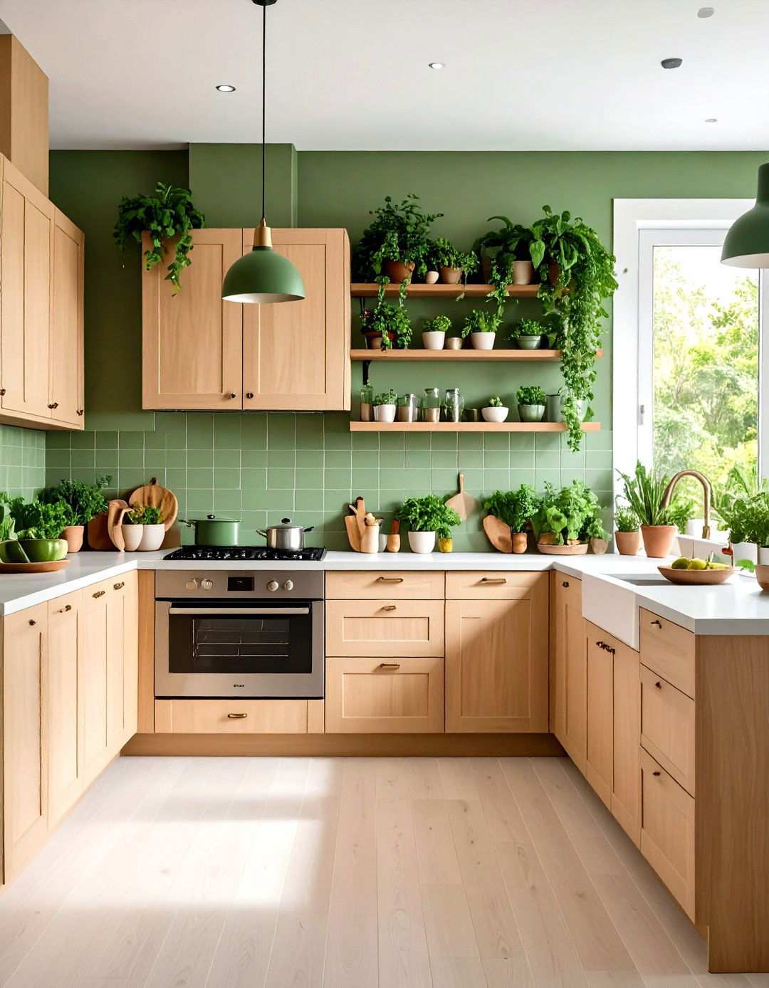 Beige Cabinets with Green Accents - 24 Kitchens With Beige Kitchen Cabinets