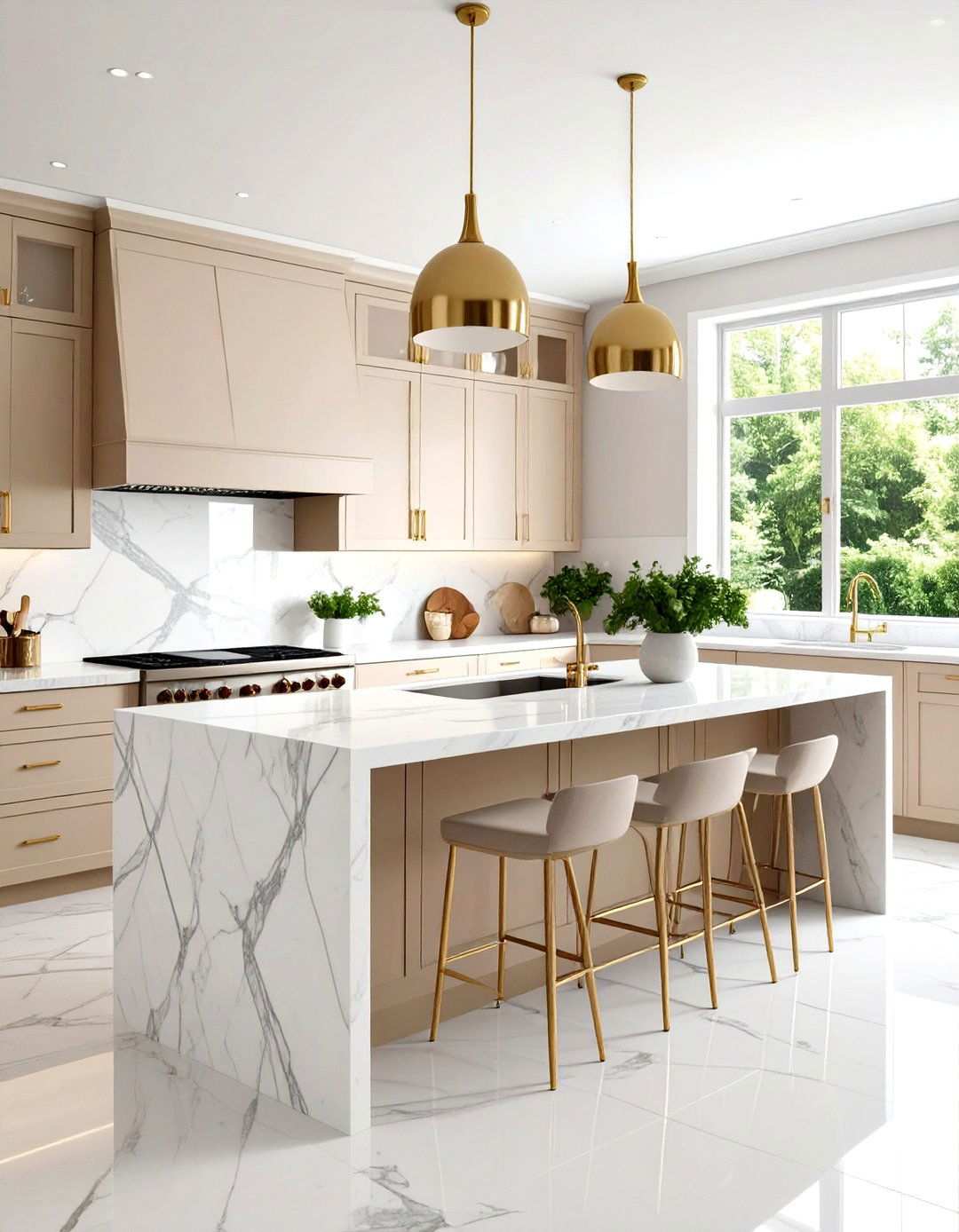 Beige Cabinets with Marble Elements - 24 Kitchens With Beige Kitchen Cabinets