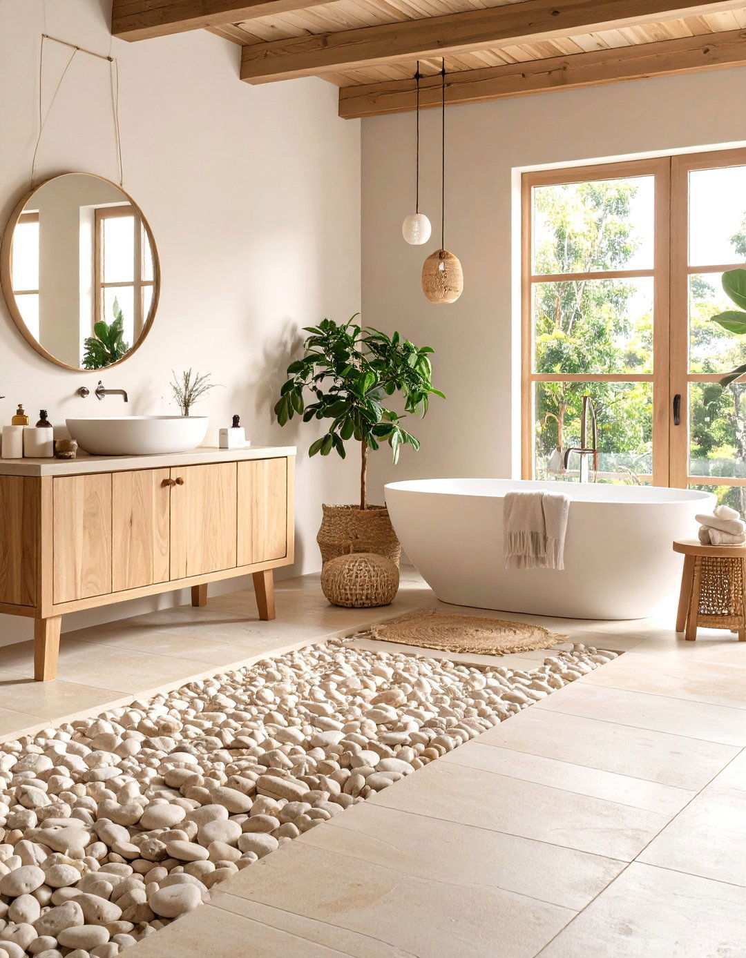 Beige River Rock Floor Design - 24 Pebble Tile Bathroom Ideas