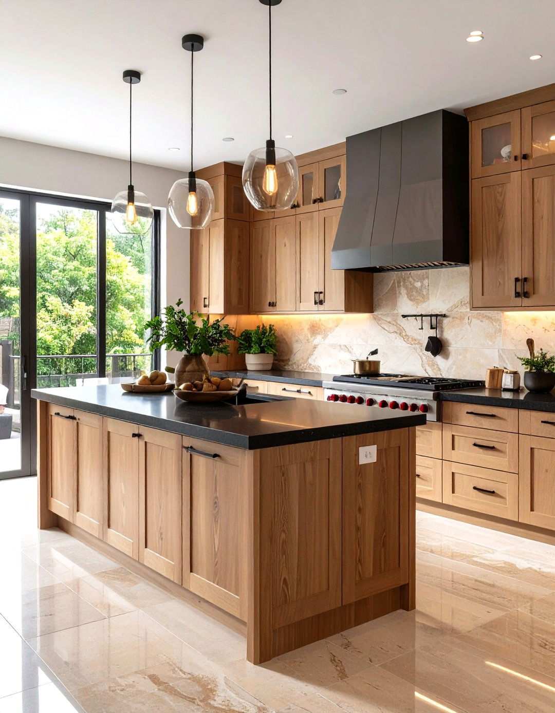 Beige Stone Backsplash Coordination - 24 kitchen with brown cabinets and black countertops ideas