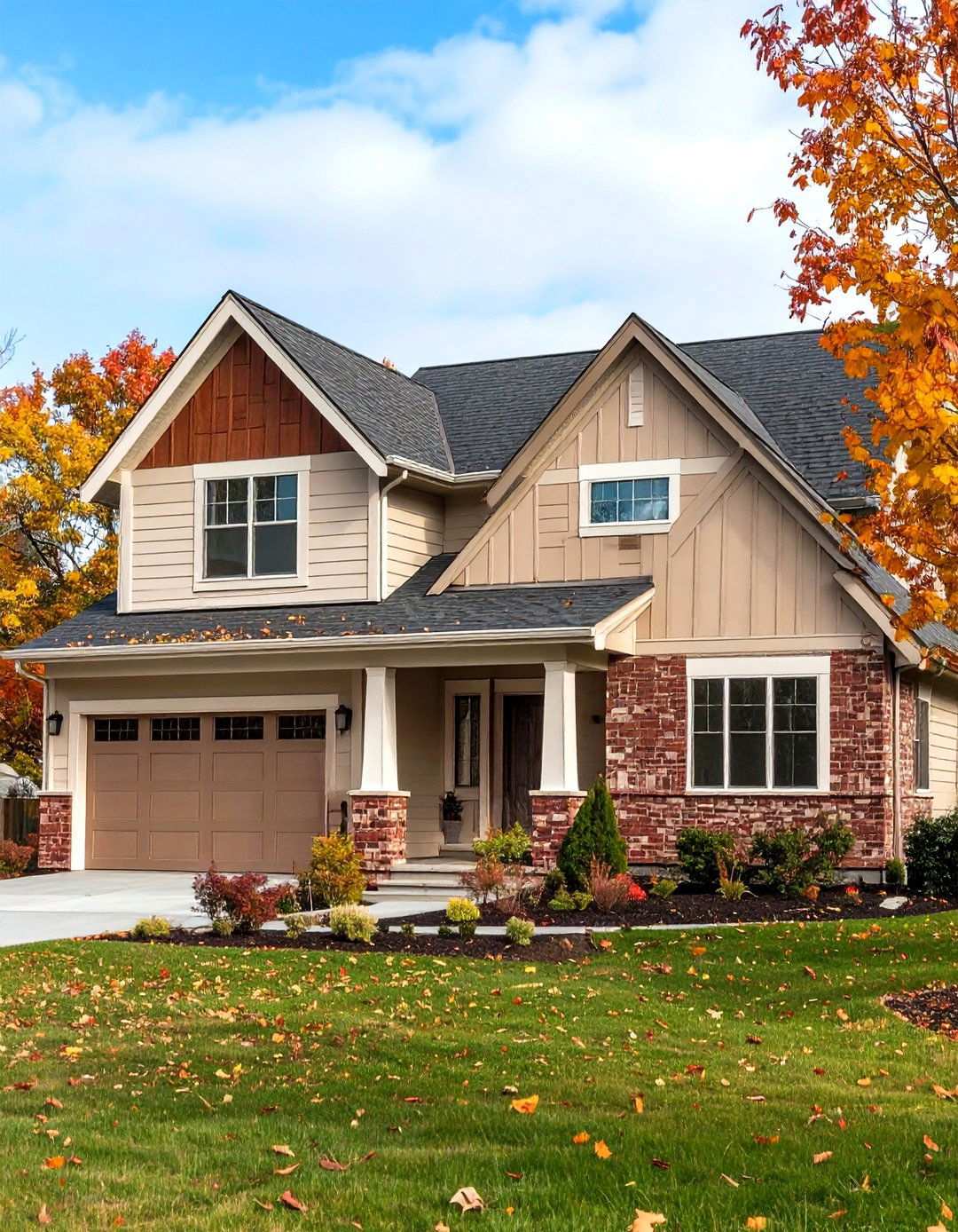 Beige Vinyl with Mixed Red and Brown Brick Accents - 24 Vinyl Siding and Brick Combinations
