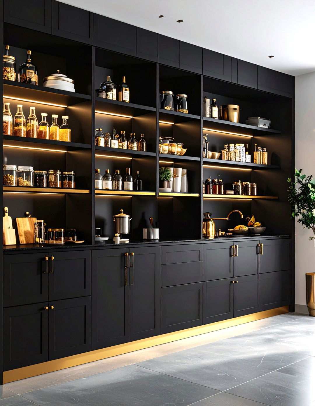Black and Gold Luxury Design with Dramatic Contrast - 24 Open Pantry Ideas