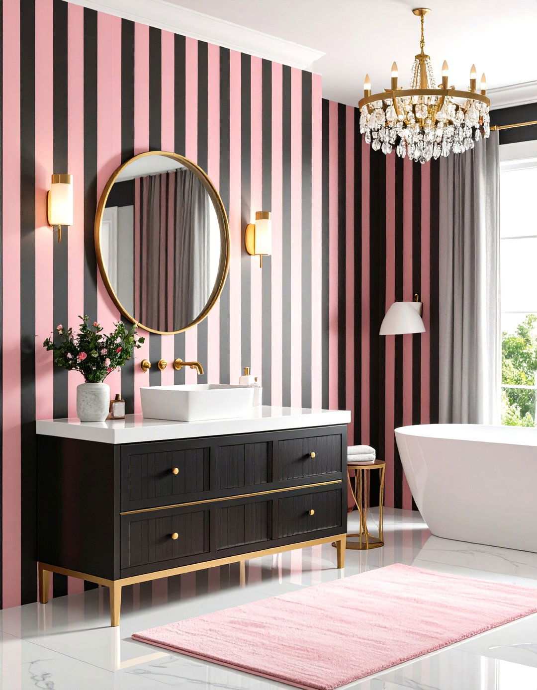 Black and Pink Striped Wallpaper with Gold Accents - 24 Pink and Black Bathroom Ideas