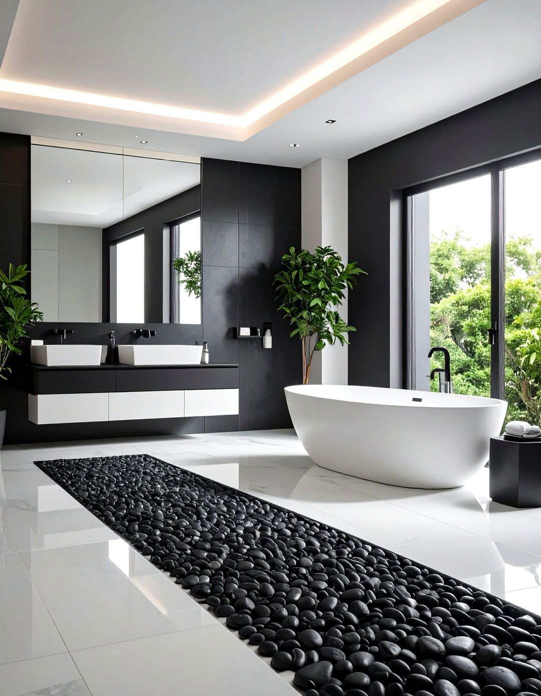 Black and White Pebble Contrast - 24 Pebble Tile Bathroom Ideas