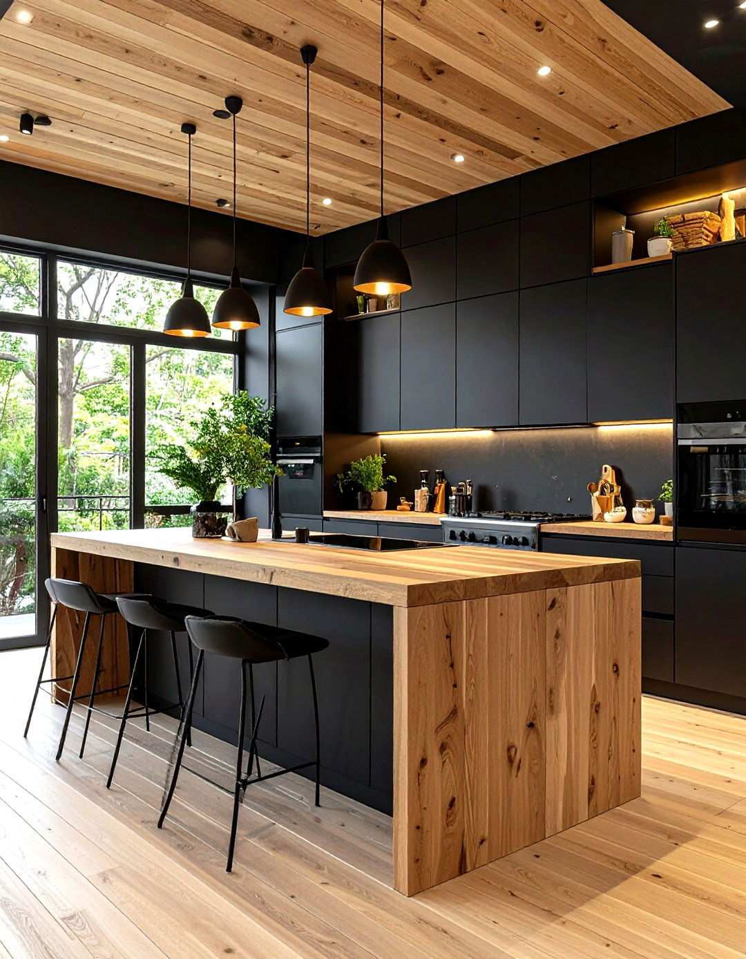 Black Cabinet with Natural Wood Accent Combinations - 24 kitchens with beautiful black cabinets