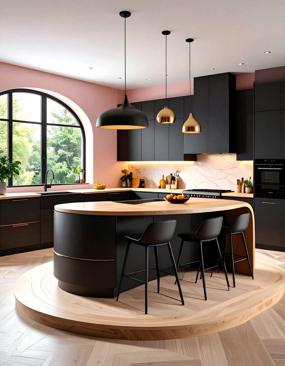 Black Cabinets with Curved Wood Countertop Elements - 24 Kitchen With Black Cabinets And Wood Countertops Ideas