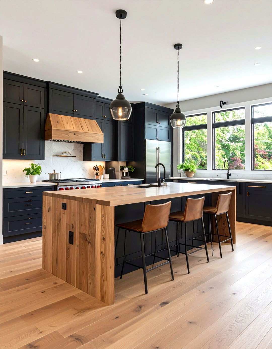 Black Cabinets with Mixed Wood Species Countertops - 24 Kitchen With Black Cabinets And Wood Countertops Ideas
