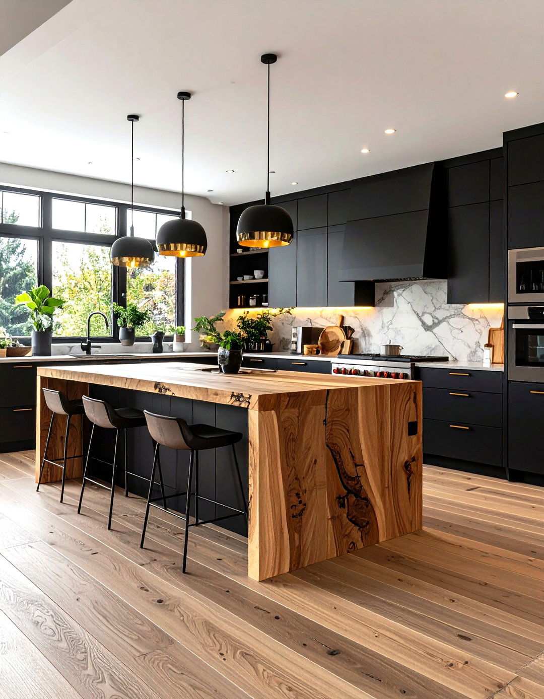 Black Cabinets with Thick Wood Slab Countertops - 24 Kitchen With Black Cabinets And Wood Countertops Ideas