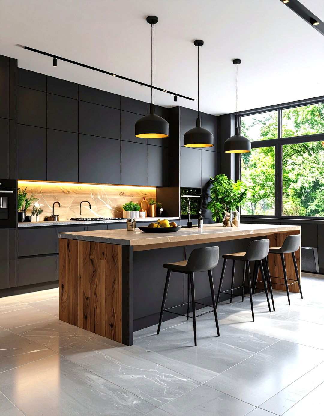 Black Cabinets with Wood Block and Stone Combination Countertops - 24 Kitchen With Black Cabinets And Wood Countertops Ideas