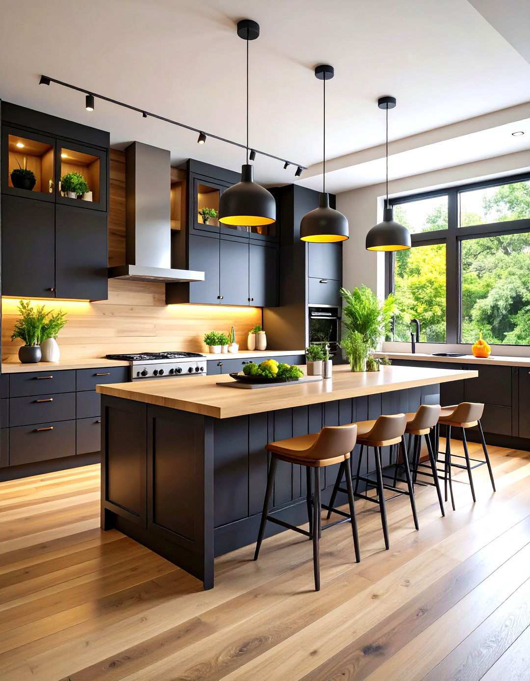 Black Cabinets with Wood Countertops and Matching Backsplash - 24 Kitchen With Black Cabinets And Wood Countertops Ideas