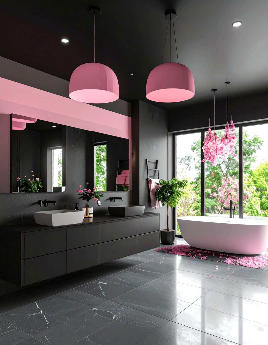 Black Ceiling with Pink Pendant Lighting - 24 Pink and Black Bathroom Ideas