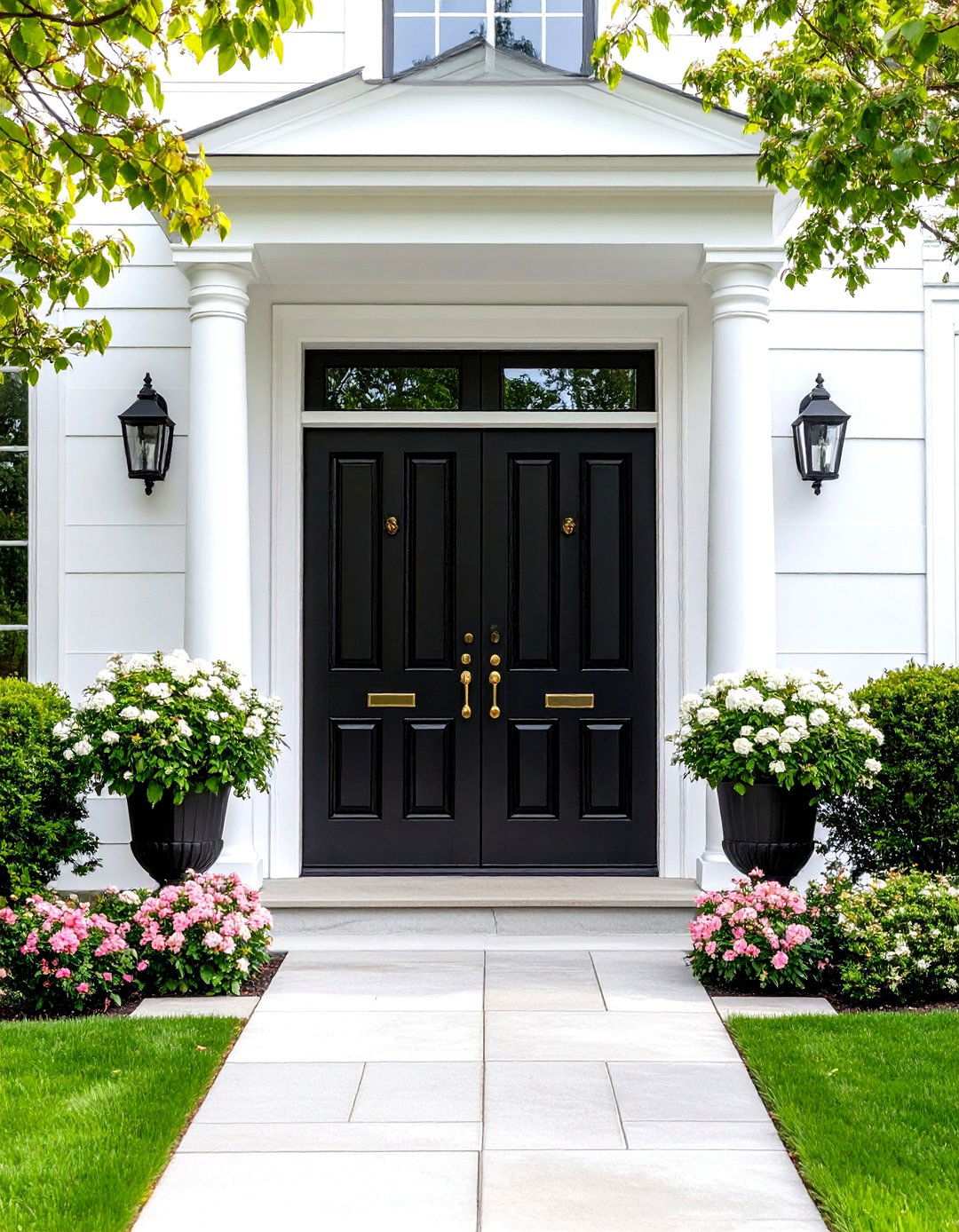 Black Double Door Grand Entrance - 24 White House Ideas With Black Doors