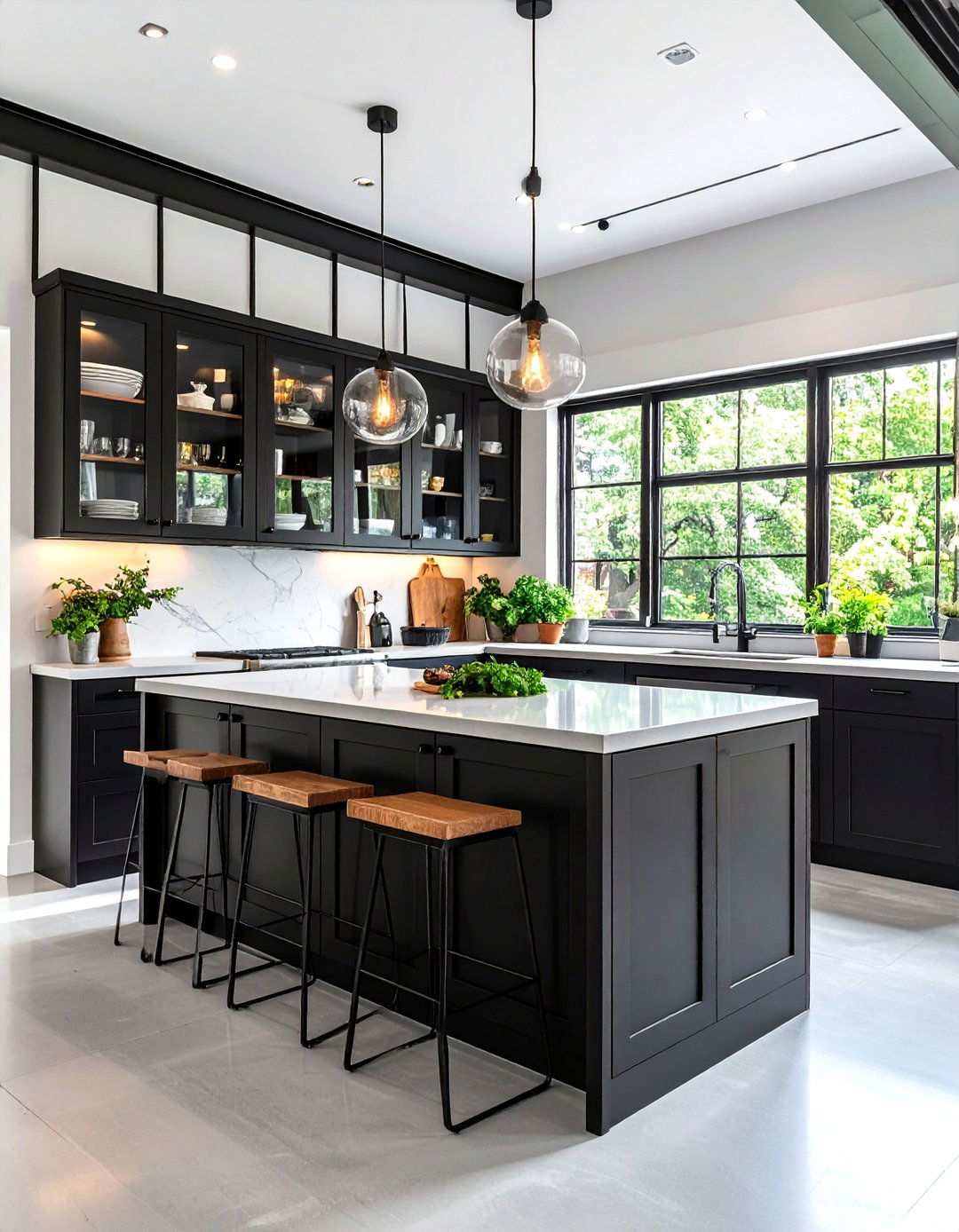 Black Frame Industrial Glass - 24 Modern Style Glass Kitchen Cabinets