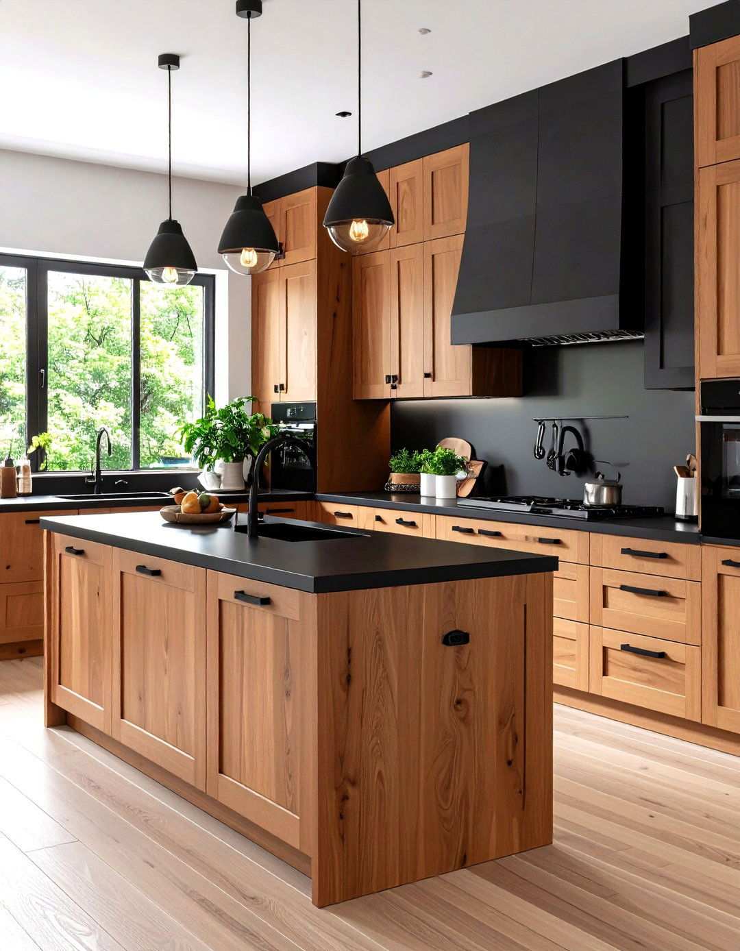 Black Hardware Contrast Elements - 24 kitchen with brown cabinets and black countertops ideas