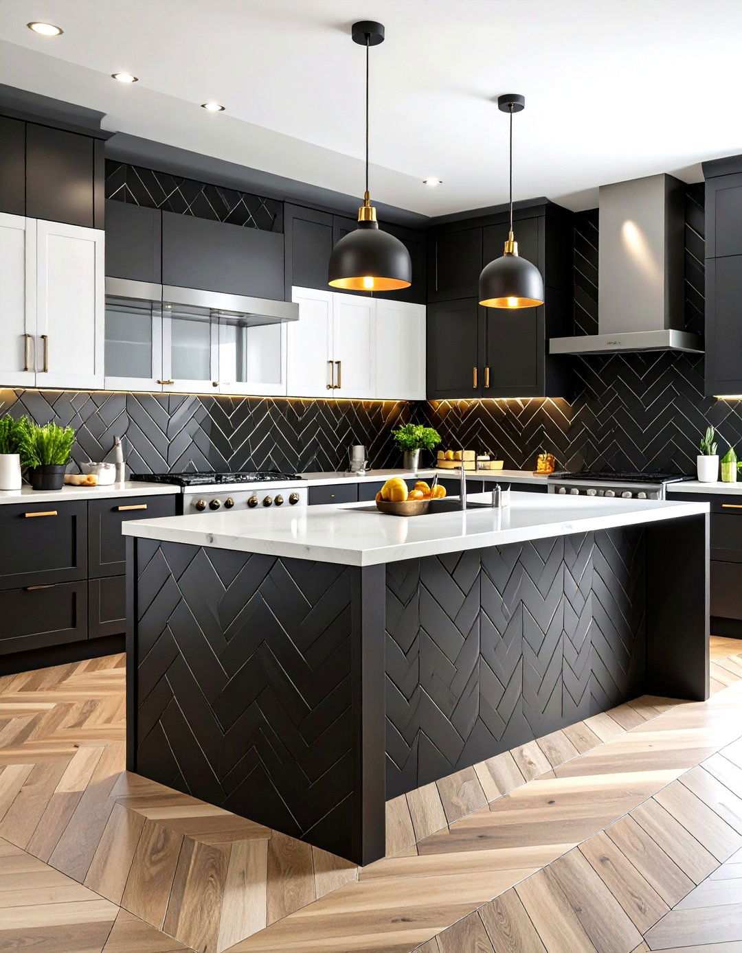 Black Herringbone Pattern Backsplash - 24 Kitchen With Black Backsplash