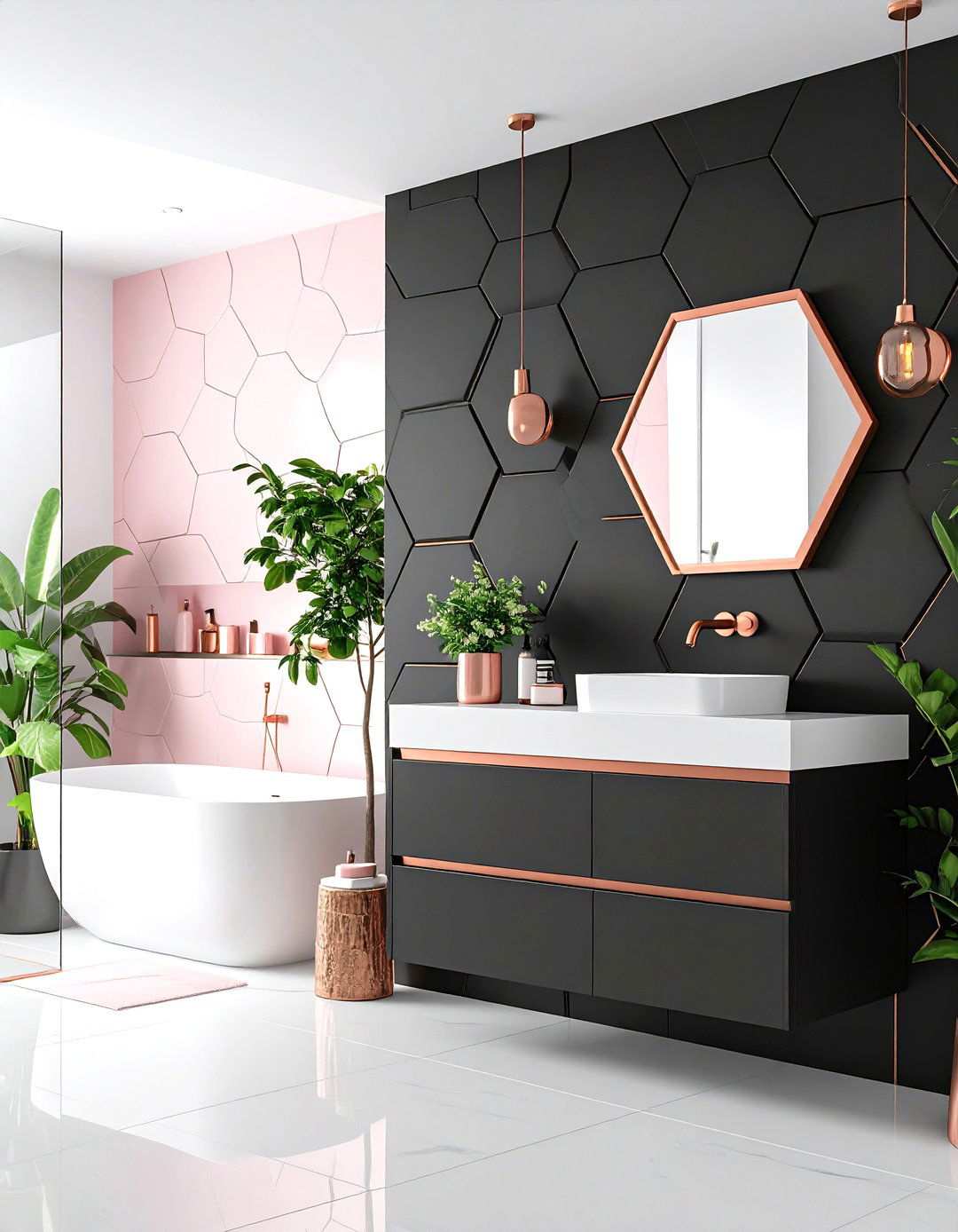 Black Hexagon Tiles with Rose Gold and Pink Accents - 24 Pink and Black Bathroom Ideas