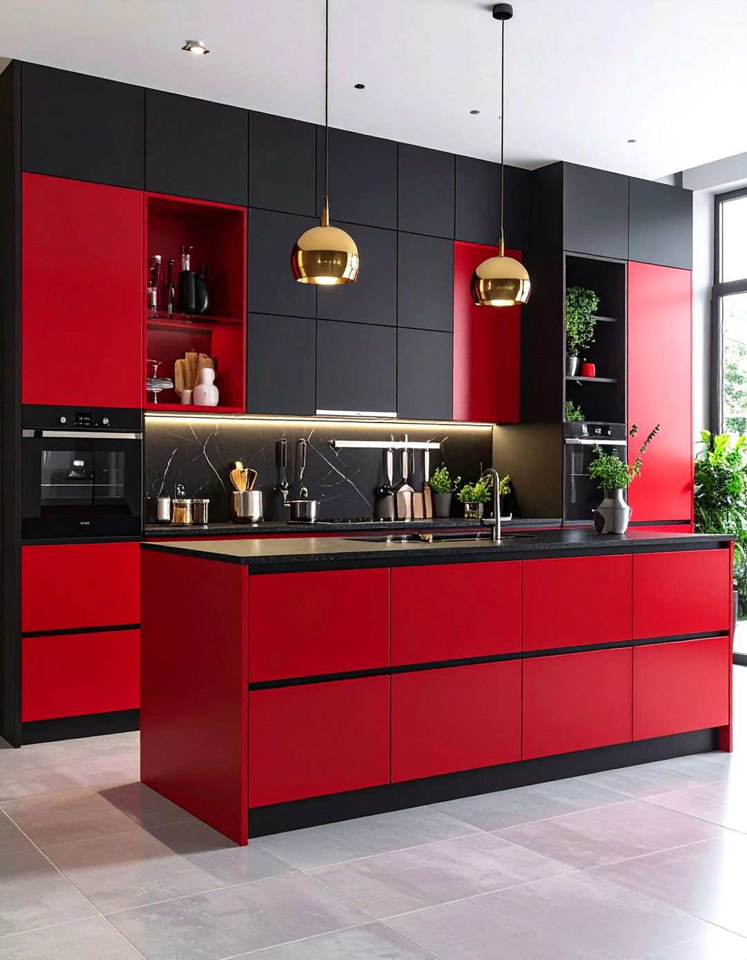 Black Kitchen Cabinets With Red Interior Reveals - 24 red and black kitchen ideas