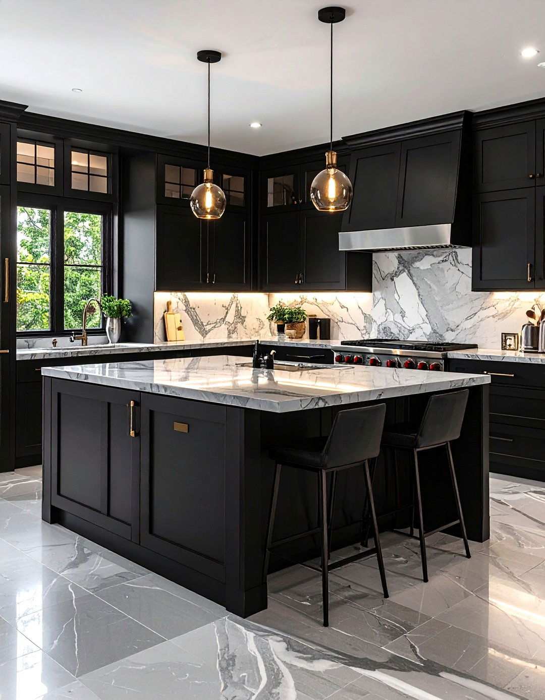 Black Kitchen Cabinets with Stone Slab Countertops - 24 Kitchens With Black Cabinets