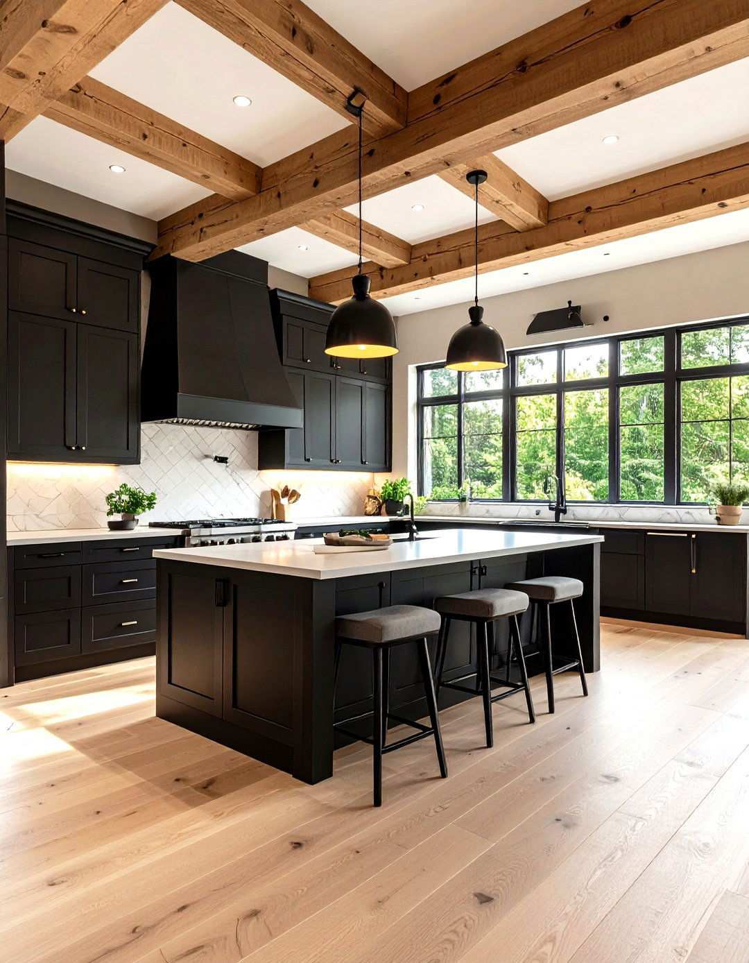 Black Kitchen Cabinets with Wooden Ceiling Beams - 24 Kitchens With Black Cabinets