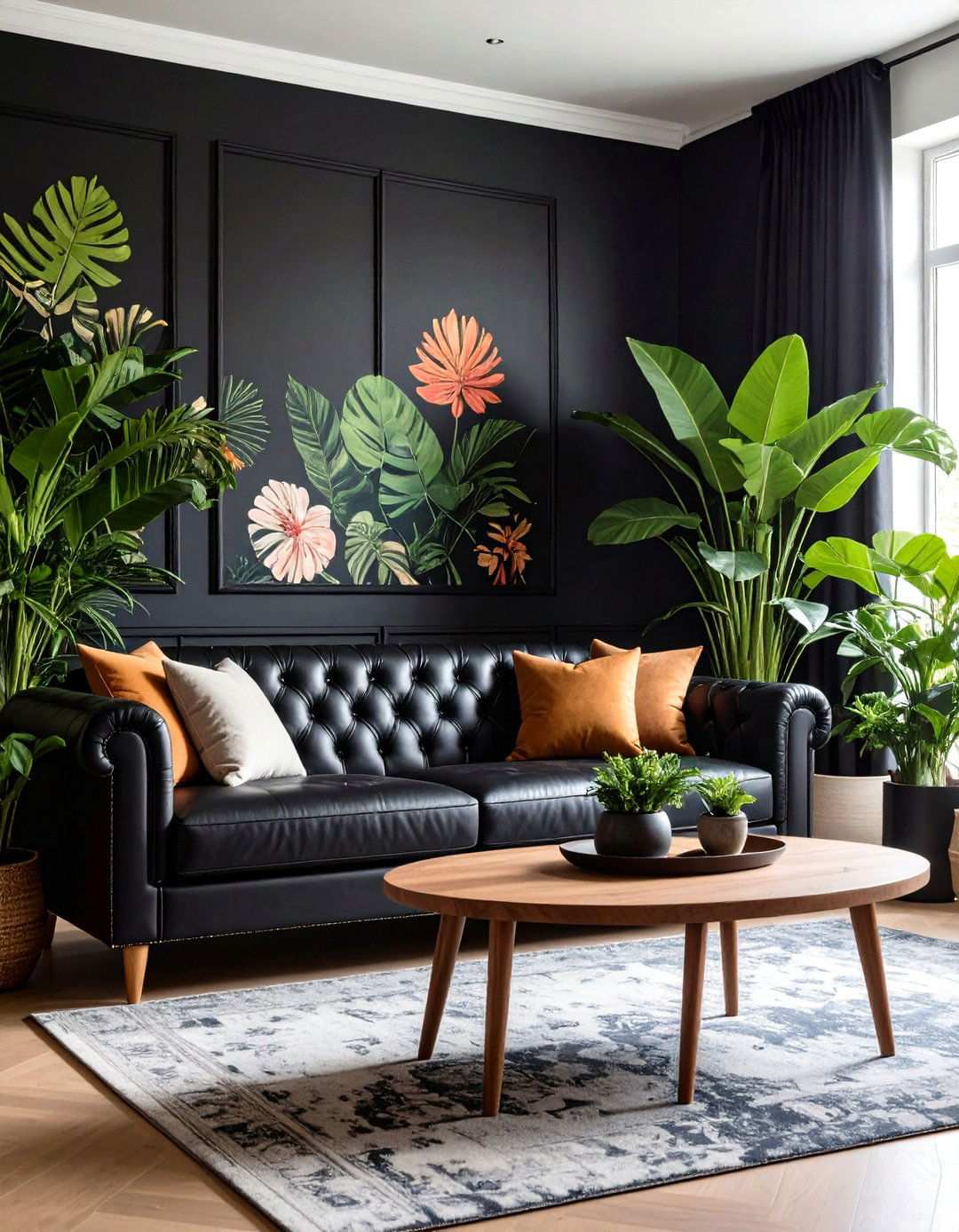 Black Living Room with Botanical Wallpaper Accent Wall - 24 Moody Living Room Ideas